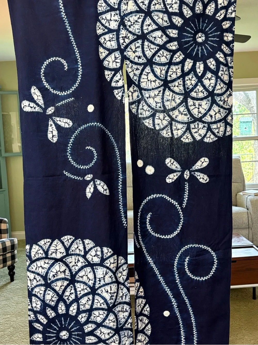 Vtg Japanese indigo shibori Noreen Curtain dragonfly chrysanthemum 59 x 35